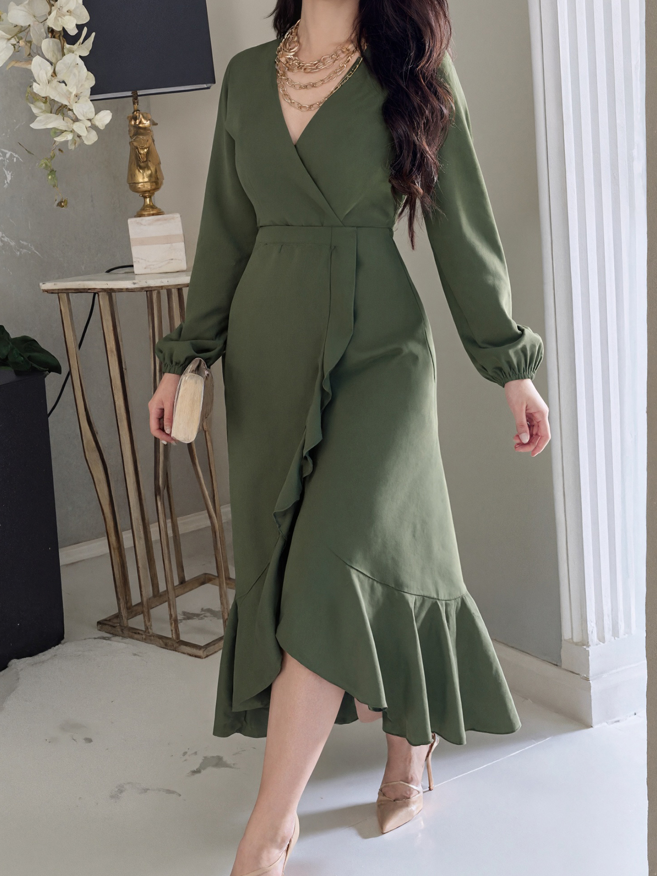 Women's Autumn Winter French - Style Elegant V - Neck Midi Dress - Versatile Minimalist Leaf - Print Slimming Dress-CF55116