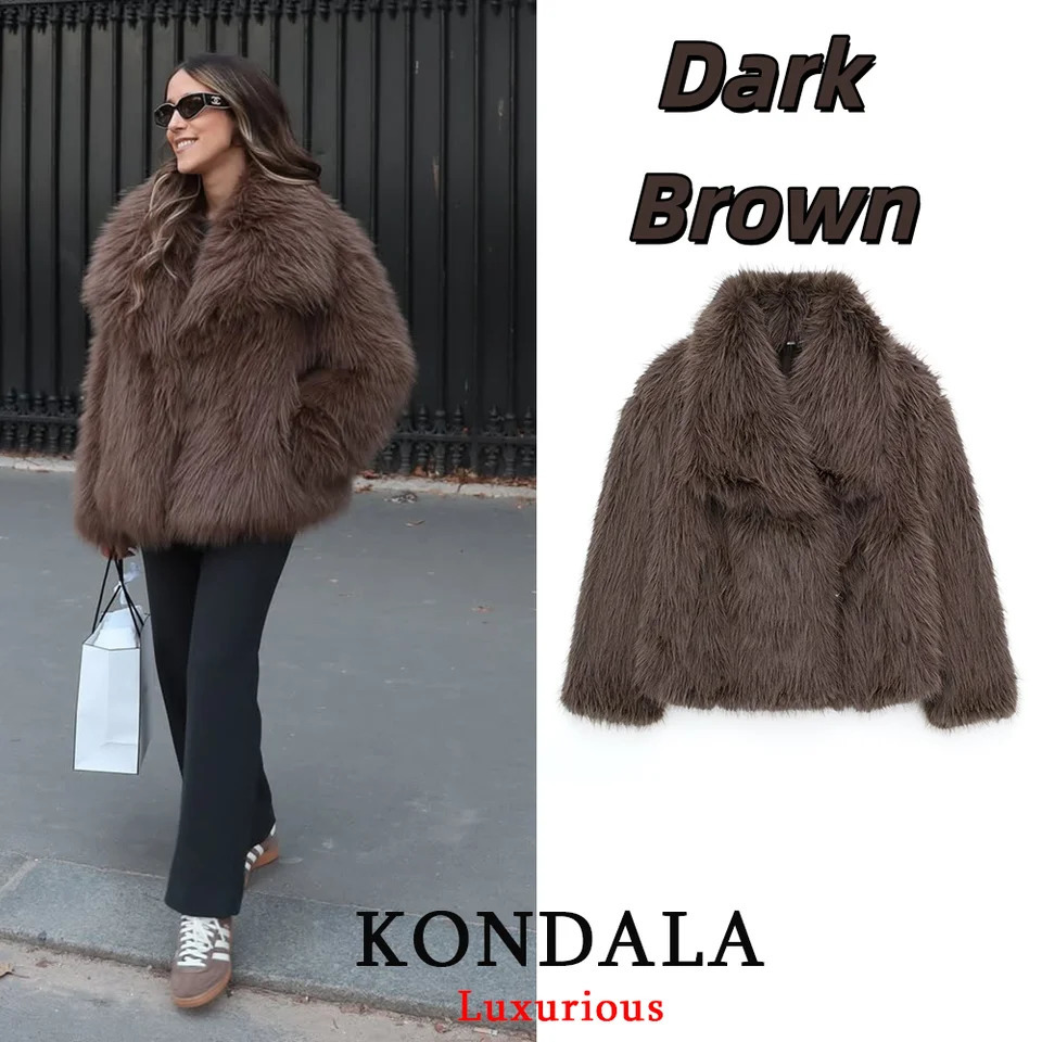 KONDALA Casual Brown Thick Fur Jackets Women Long Sleeve V Neck Autumn Winter Faux Fur Coats Fashion Streetwear Outwears 251008