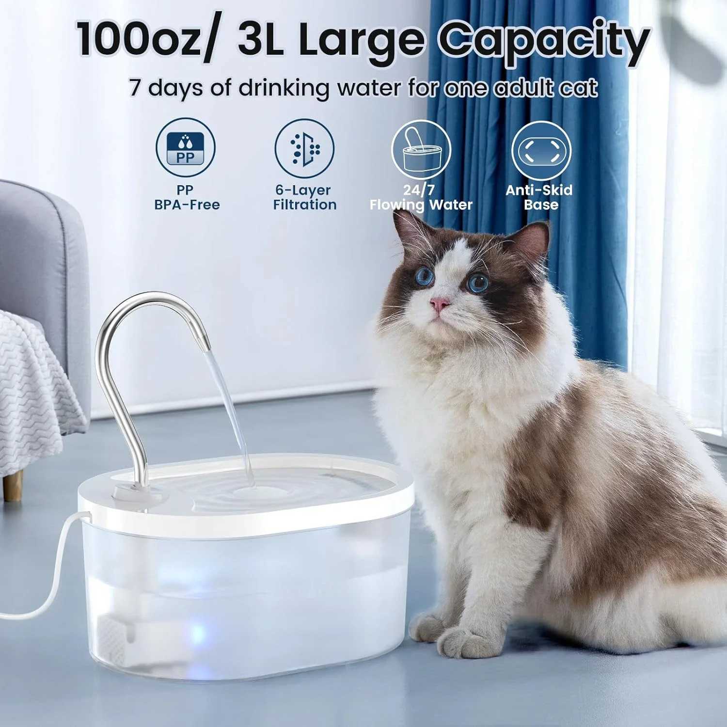 Cat Water Fountain 3L100oz Super Silent Pet Water Fountains for Cats Indoor Water Level Alert Cat Fountains for Drinking C251013