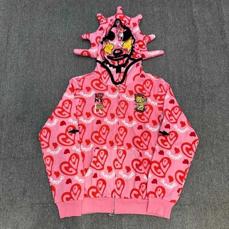 Glo Gang Zip Hoodie Unisex Rhinone Embellished Cartoon Print Pink Streetwear Cozy Hooded Sweatshirt W251013