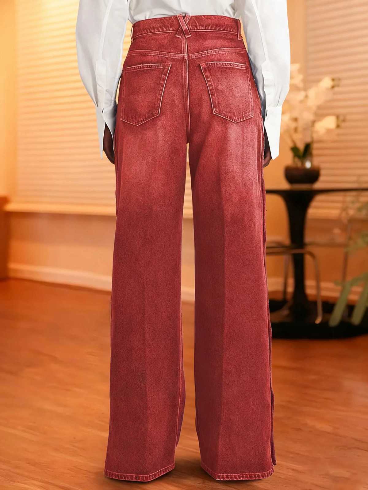 Ladies Retro RedBrown WideLeg Jeans Fashion Casual Loose Straight MidWaist NonStretch Side Buckle Denim PantsT251013