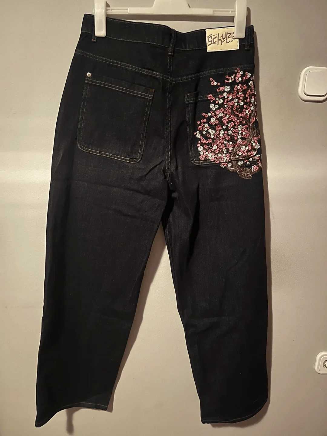 Unisex Black Slim Straight Leg Jeans Cherry Blossom Print Embroidered Back Pockets Basic Versatile Casual Pants Comfort Stretch C251013