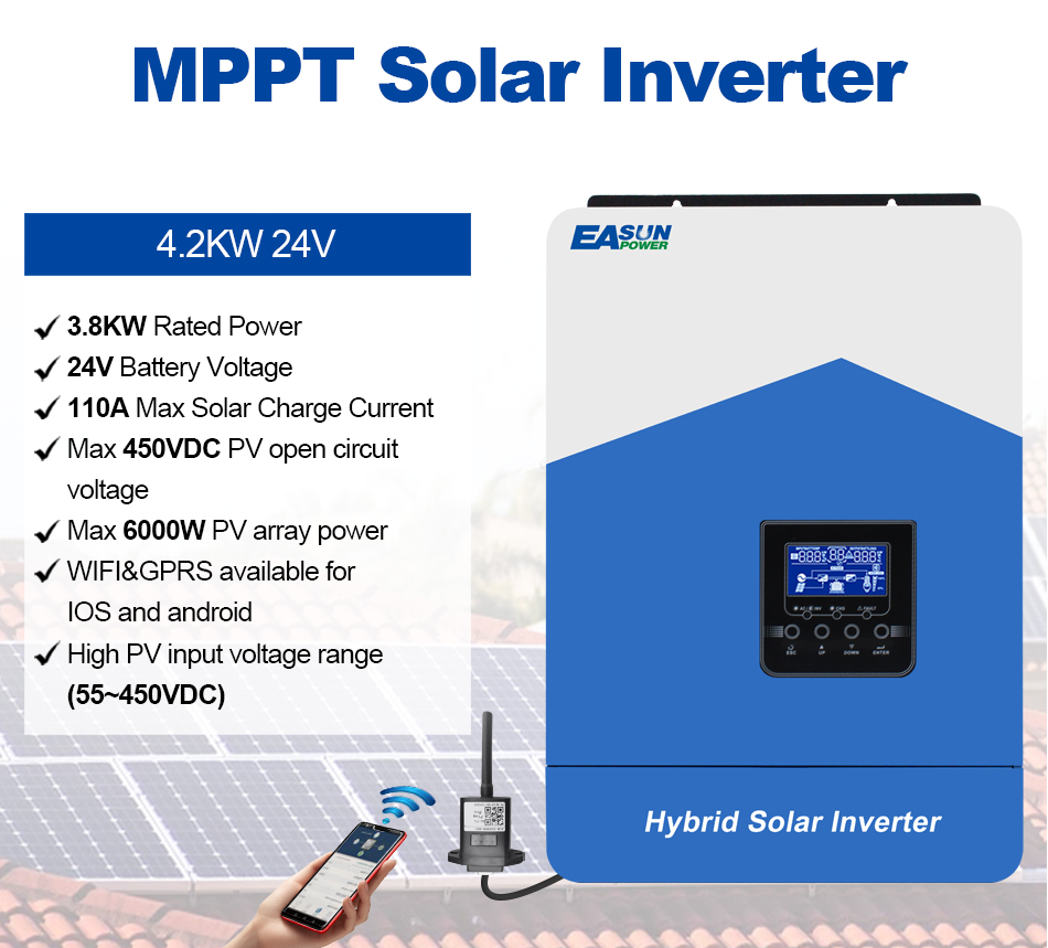 EASUN 4.2KW Hybrid Solar Inverter MPPT 120A 60V to 500VDC PV Input 220VAC 24VDC Solar Battery Charger with WIFI In EU