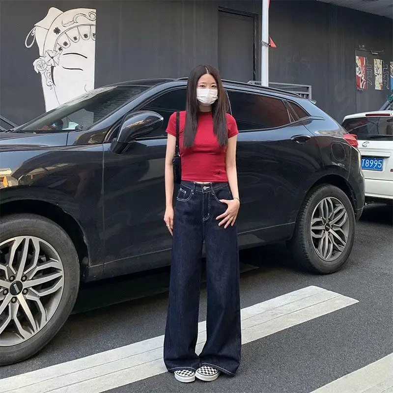 Womens Y2K Dark Blue Wide Leg Washed Jeans Korean Fashion High Waisted Straight Denim Floor PantsT251013