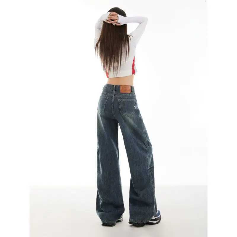 American Vintage Washed Jeans Casual Design Slimming Effect with Draping WideLeg Pants Y2k 2000s Clothes Womens PantsT251013