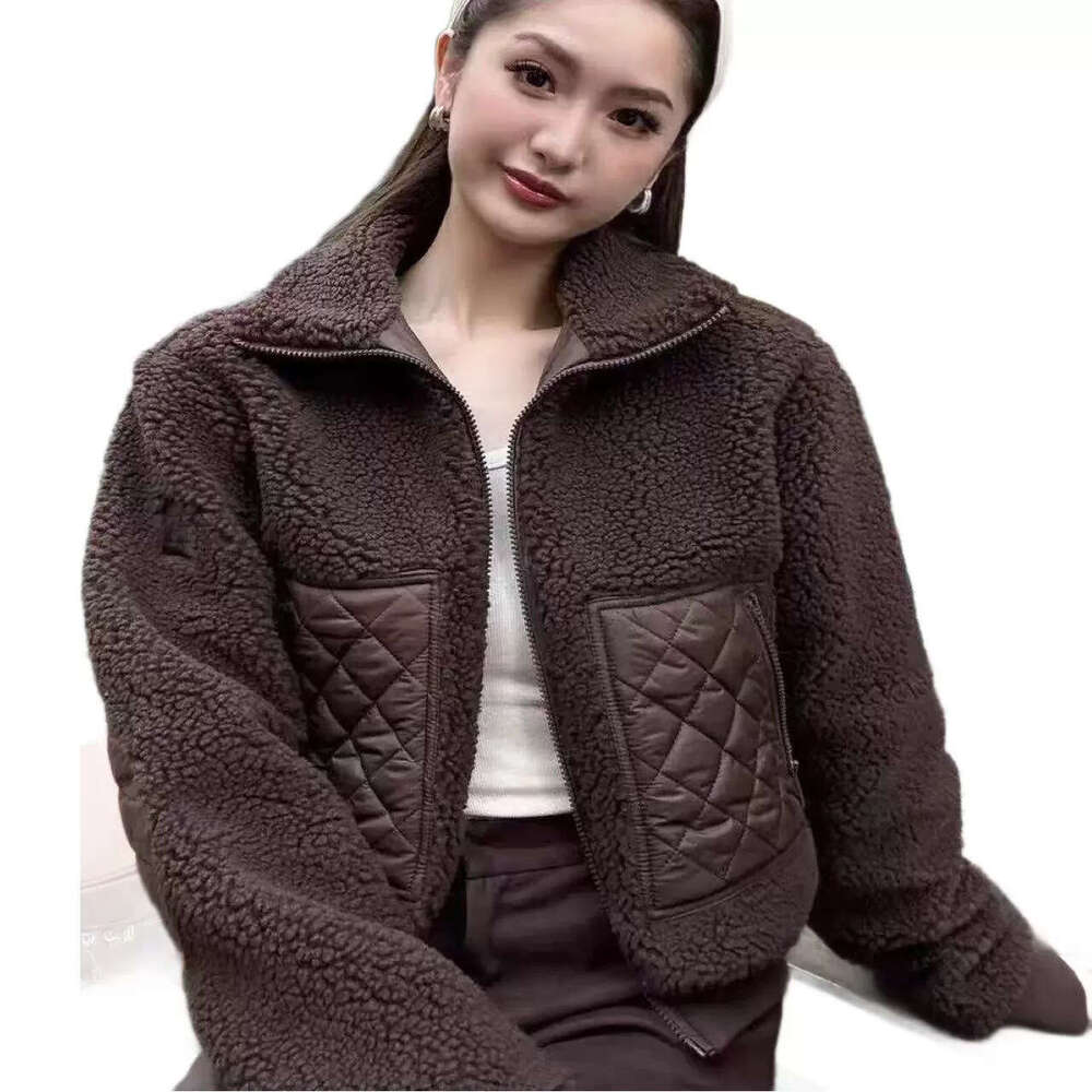 Autumn Winter Brown Lamb Wool Hooded Short Coat Thickened Warm Sports Casual Stand Collar Zipper Jacket Top B5