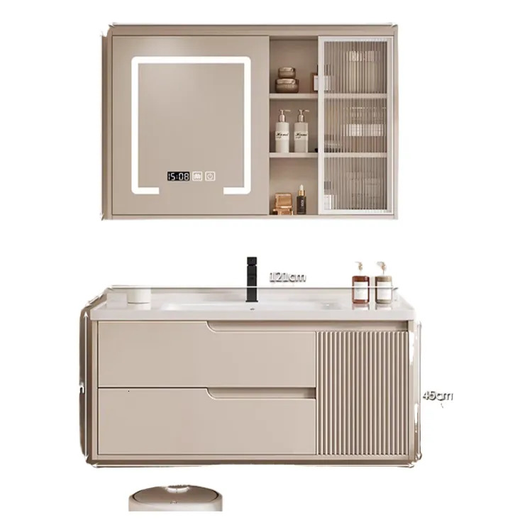 Integrated ceramic basin cream-style bathroom cabinet set - modern solid wood toilet sink, washbasin, and washstand