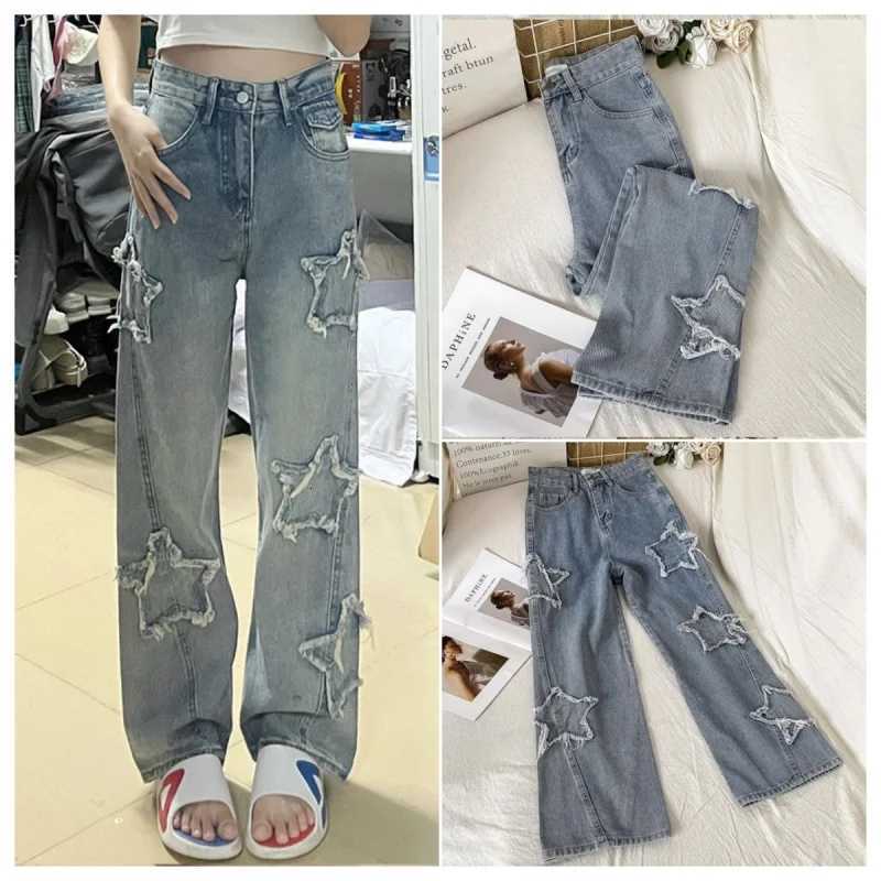 Womens Star Embroidered Denim Jeans High Waist Straight Leg Comfort Fit Korean Inspired Spring Autumn PantsT251013