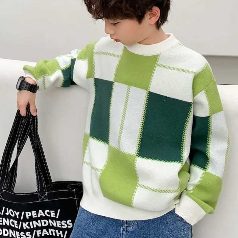 2025 Spring Autumn New Boys Plaid Flannel Sweater LooseKnit Thickened FleeceLined Childrens SweaterKids Winter Coat C251013
