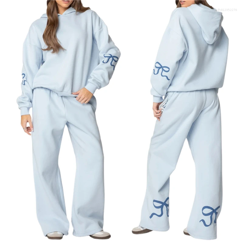 Women's Hoodies Spring Autumn Winter Loose Pants Leisure Suit Women Long Sleeve Bow Print Hoodie Top Trouser 2 Piece Set Fashion Jogging