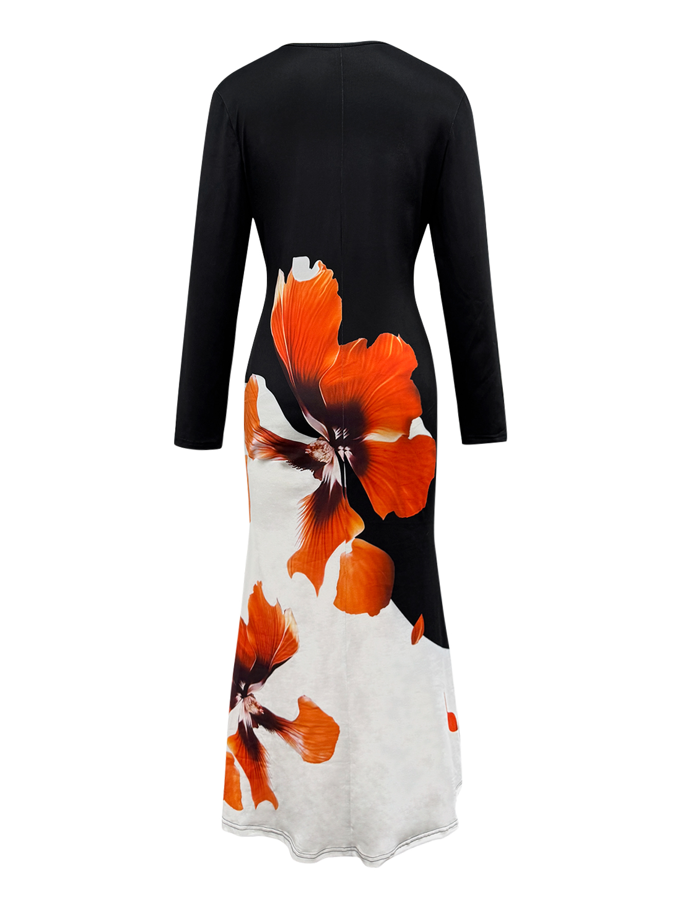 Women's Autumn Winter Fashion New Black Long - Sleeve Slim Midi Dress - Large Floral Printed Elegant Temperament DressCF55192