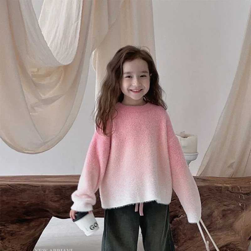 2025 Winter Plus Size Stylish Girls Kids Peach Pink Gradient Oversized Faux Mink Fur Soft Knit Trendy Sweater C251013