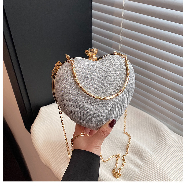 High-end Textured Versatile Chain Handbag for Weddings & Evening Parties Women's Cute Heart-shaped Mini Clutch with Rhinestones (Top-handle, Shou