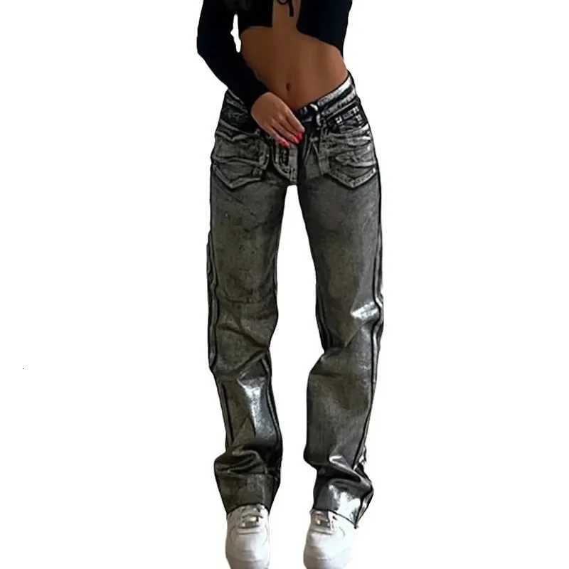 High Waist Straight Leg Long Jeans Womens Autumn Washed Blue Silver Heat Transfer Black Heat Transfer Versatile Casual JeansT251013