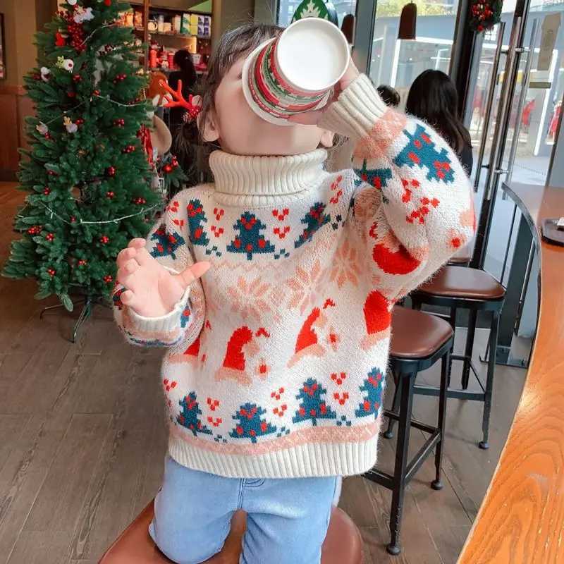 Girls High Neck Sweater Thickened Autumn and Winter New Fashionable Christmas Pattern Girls Knitted Sweater Sweet and Cute C251013