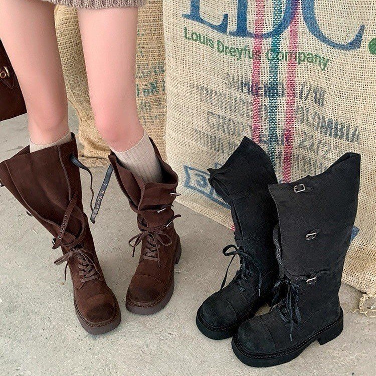 Cow leather suede women's long boots trend autumn and winter new loose waistband buckle French retro luxury women's boots designer boots