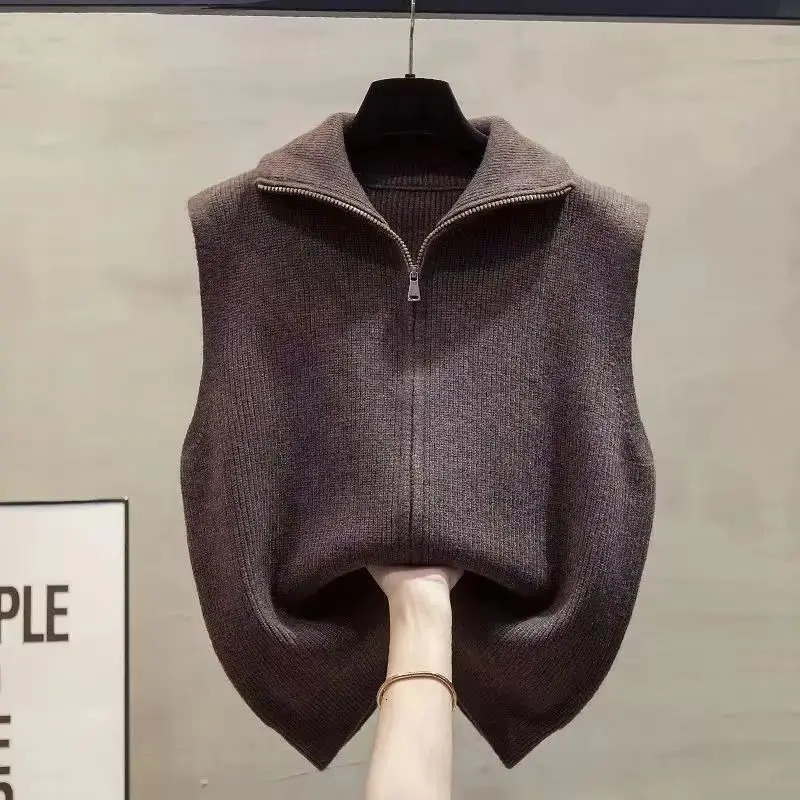Double Zipper Vest Women Sweater Autumn Sleeveless Sweater Vest Stand Collar Solid Color Outside The Western Style Vest Female 251010