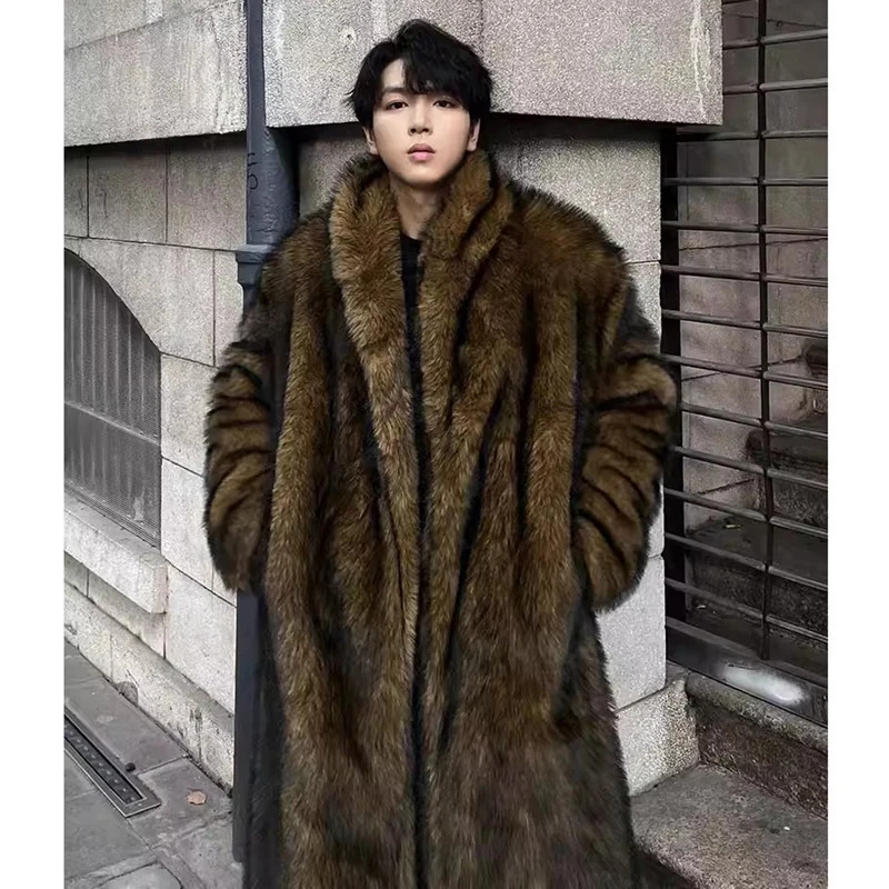 Mens fur coat Wolf fur fox fur lapel long overcoat winter windproof and warm windbreaker large size 251011