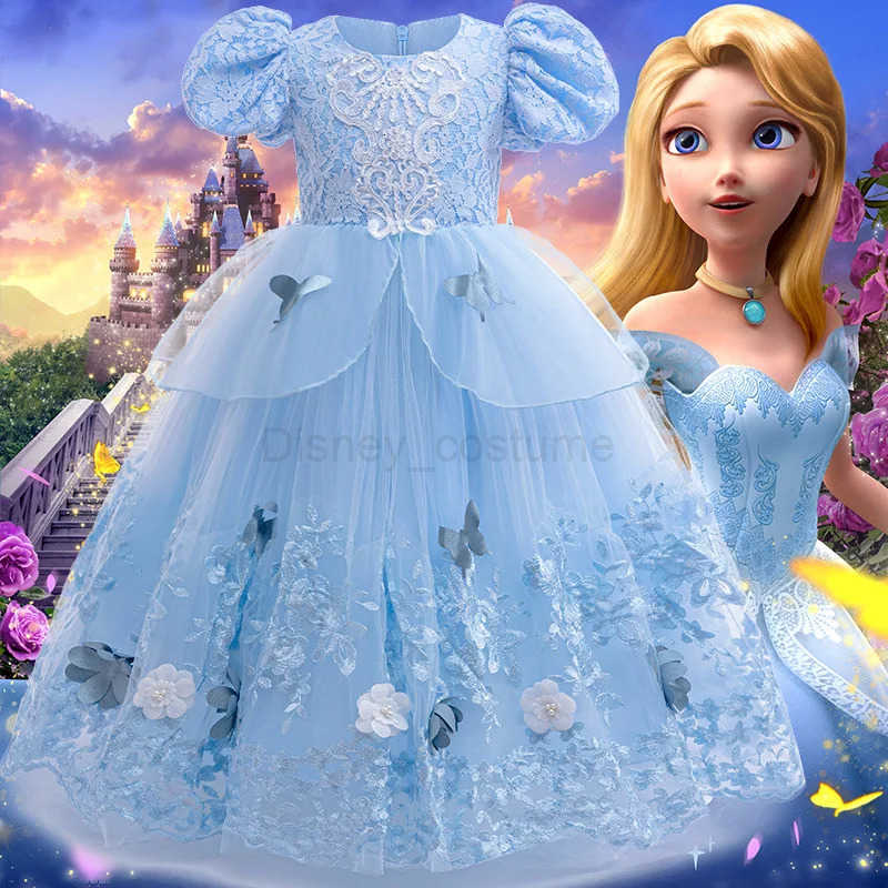 Disney 2025 New Cinderella Role Playing Dress Lace Blue Princess Dress Girls Carnival Halloween Birthday Party DressAccessories H251013