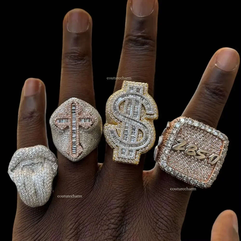 Iced Out Sier Bling Dia Mens Real Moissanite Hip Hop Ring