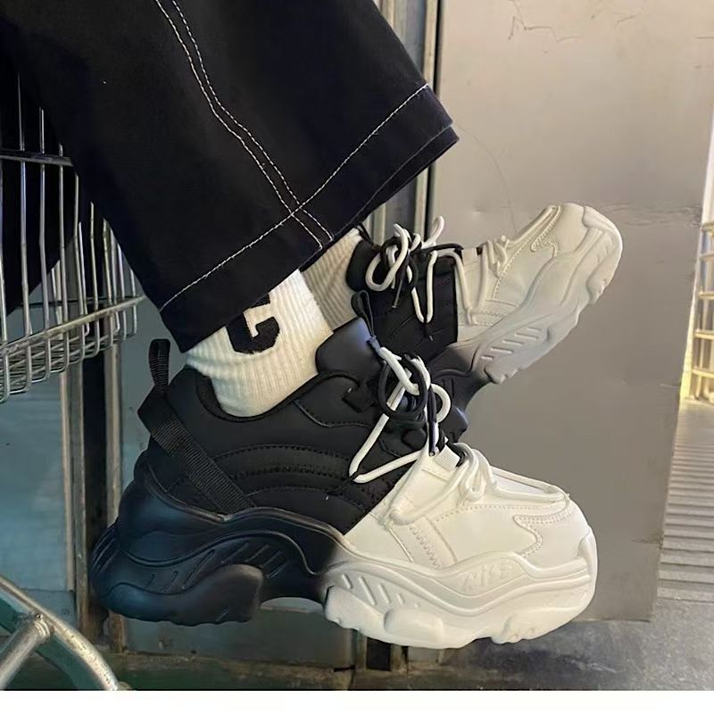 2025 Hot Rising Thick Sole Ins Style Black And White Color Blocked Dad Men's Chic Versatile Niche Retro Trend Couple Sports Shoes