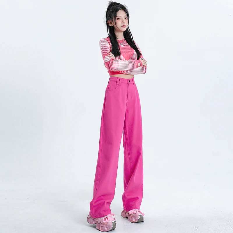 Loose Womens Casual Jeans Relaxed Fit Trousers Comfortable Denim Pants Autumn New Style Sweet Cool Hot Pink Wide LegT251013