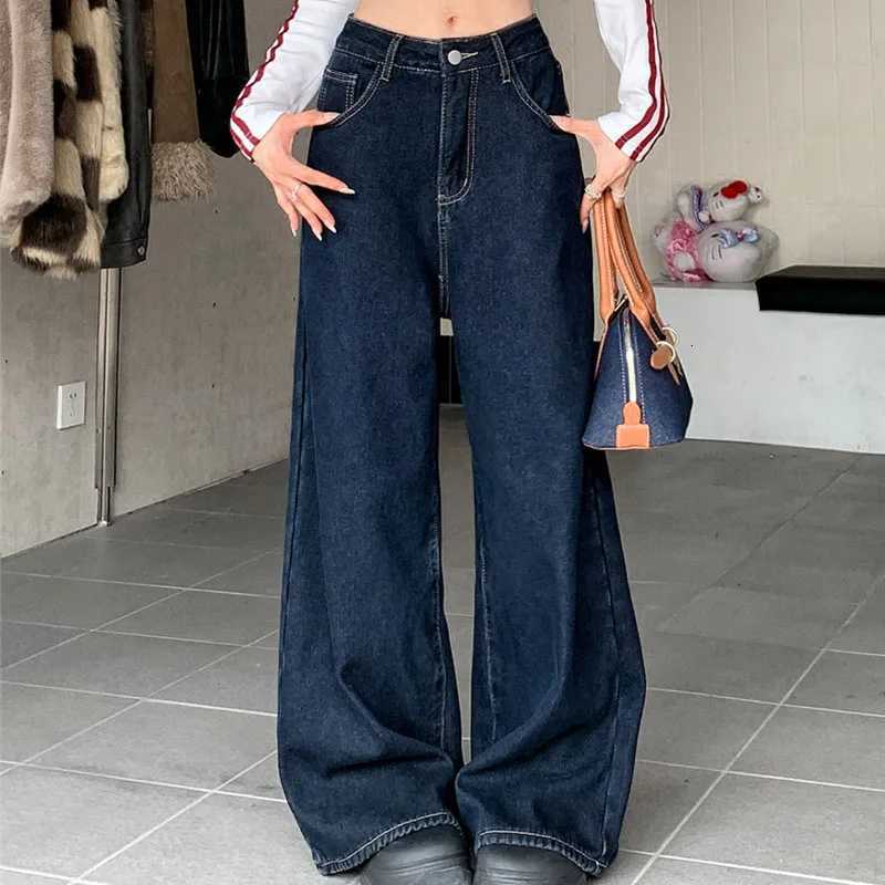2025 Autumn Womens Y2K Jeans Versatile Navy FlannelLined Denim Pants Loose Straight Leg Drag Length Warm Trousers 2595T251013