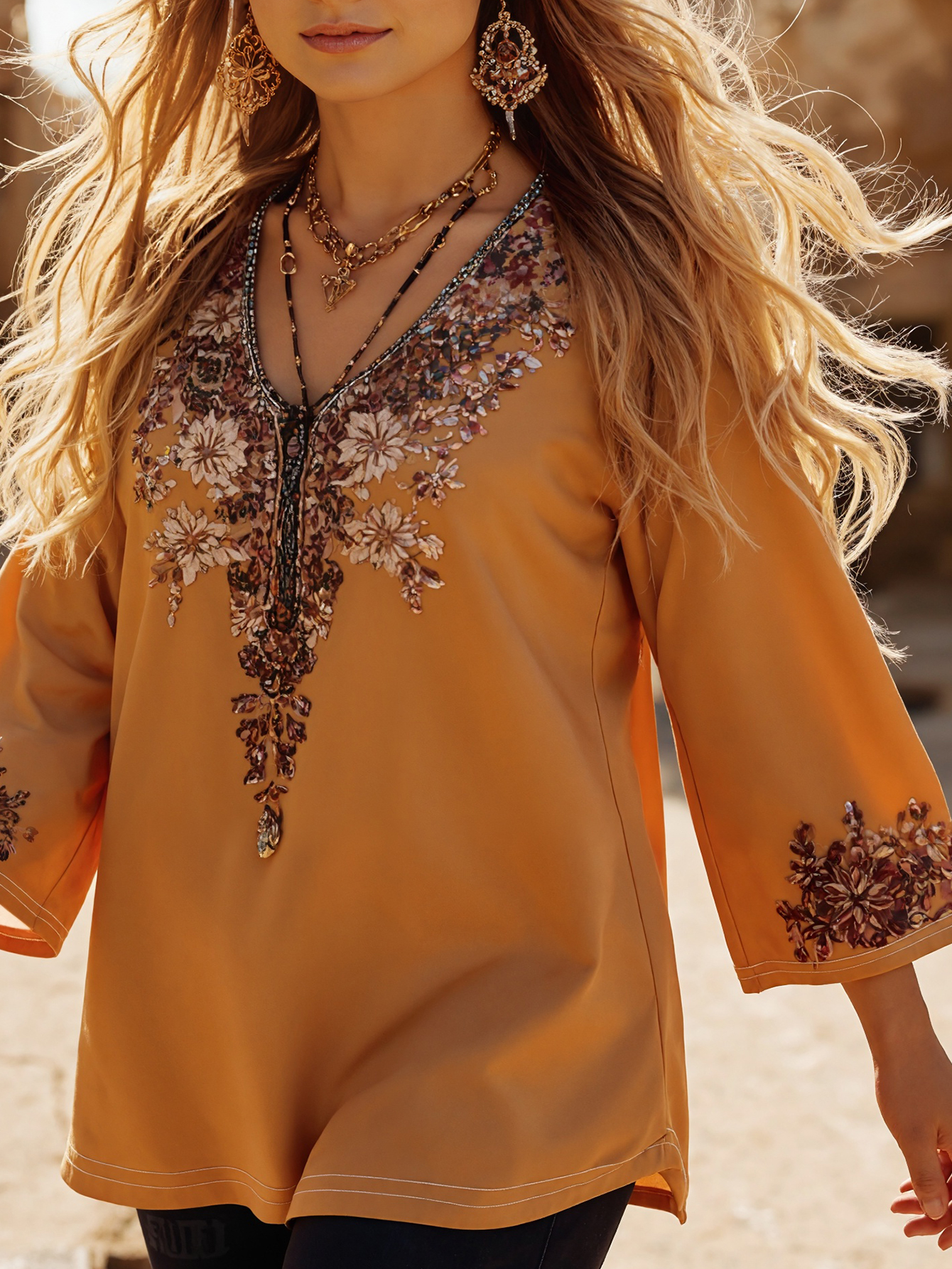 Women's Autumn New Retro Ethnic - Style All - Over Floral Printed Elegant Casual Plus - Size V - Neck Long - Sleeve T - Shirt-YL25428