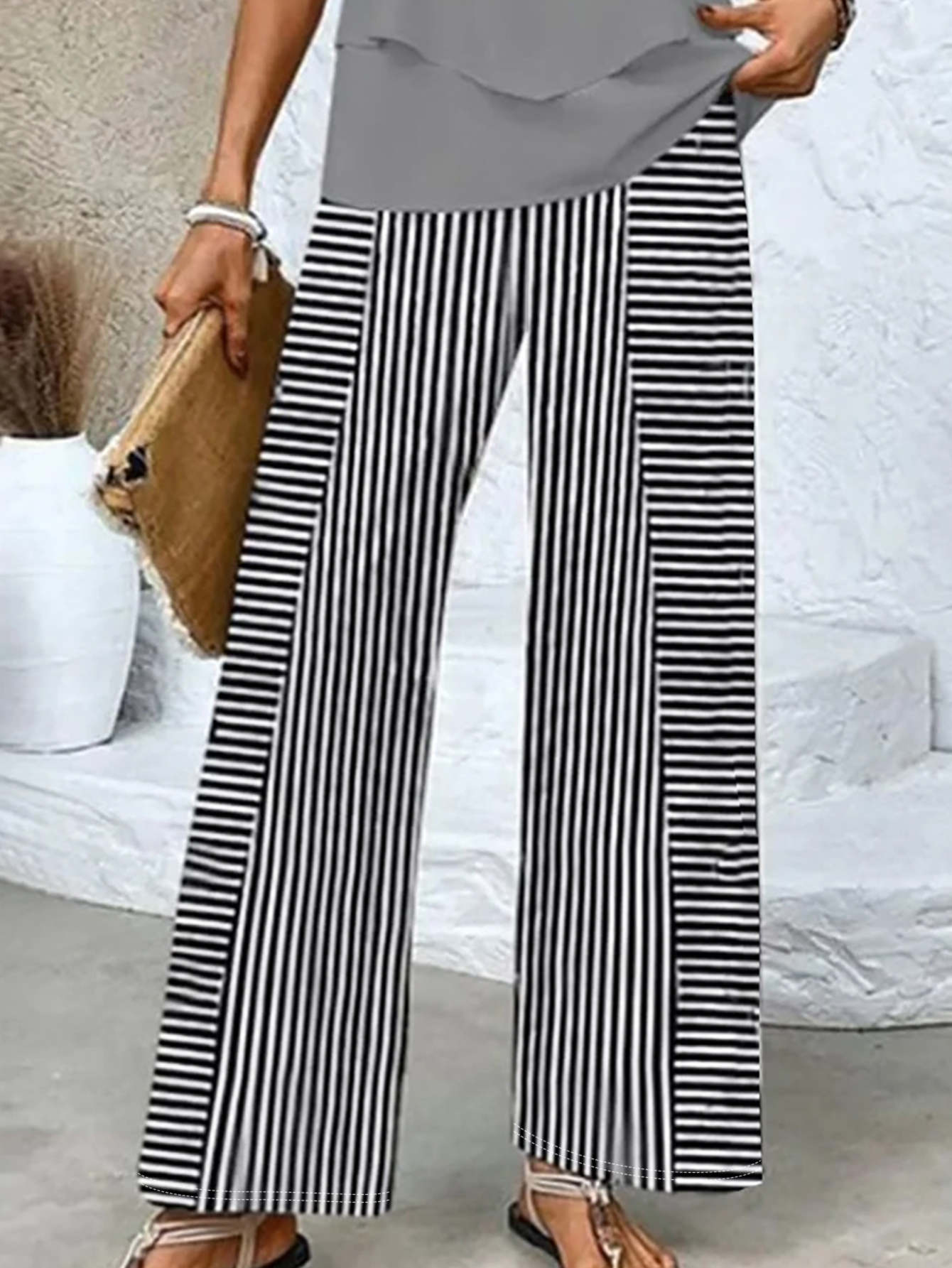 Women's Summer Fashion Striped Printed Straight - Leg Pants - Casual Outdoor & Vacation Black Pants-CF50840