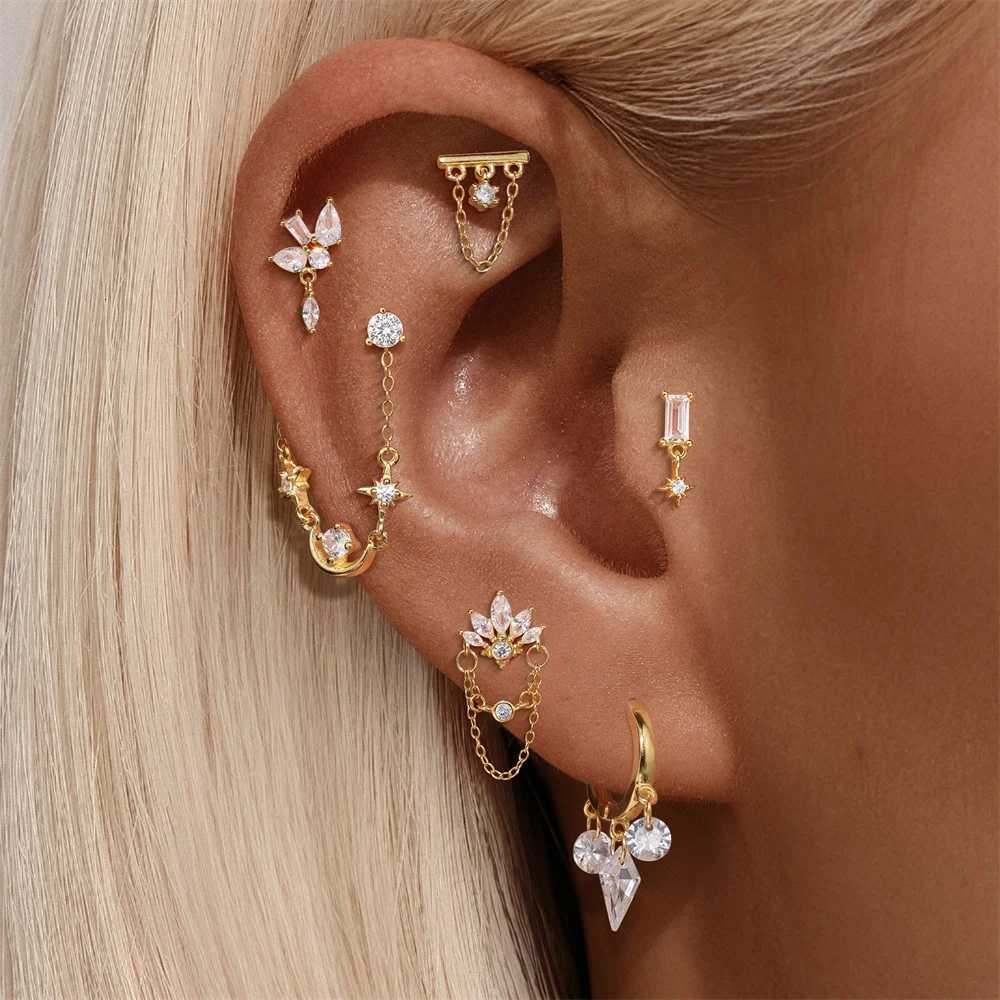 CANNER 1PC 925 Sterling Silver Tassel Chain Eight Pointed Stars Moon Earrings For Women Ins Horse Eye Geometric Zircon Earring W251013