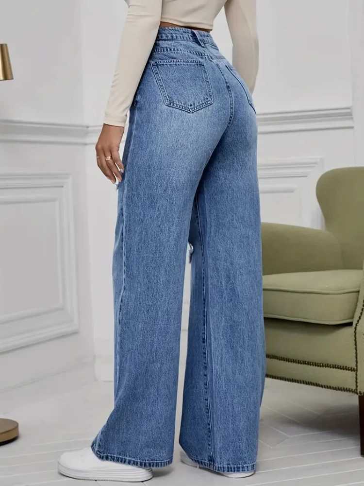 Womens Jeans Denim Pants Wide Leg Vintage Distressed Ripped Trousers 2025 Streetwear Washed Pockets Floor Length Hole JeansT251013