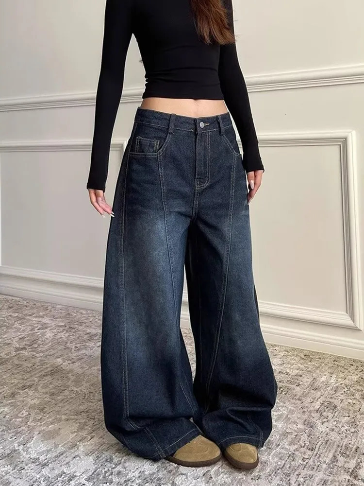Ropa Y2K Fashion Letter Embroidery Vintage Dark Blue Baggy Jeans Pants Women Clothing Rock Wide Leg Lady Denim Trousers 251010