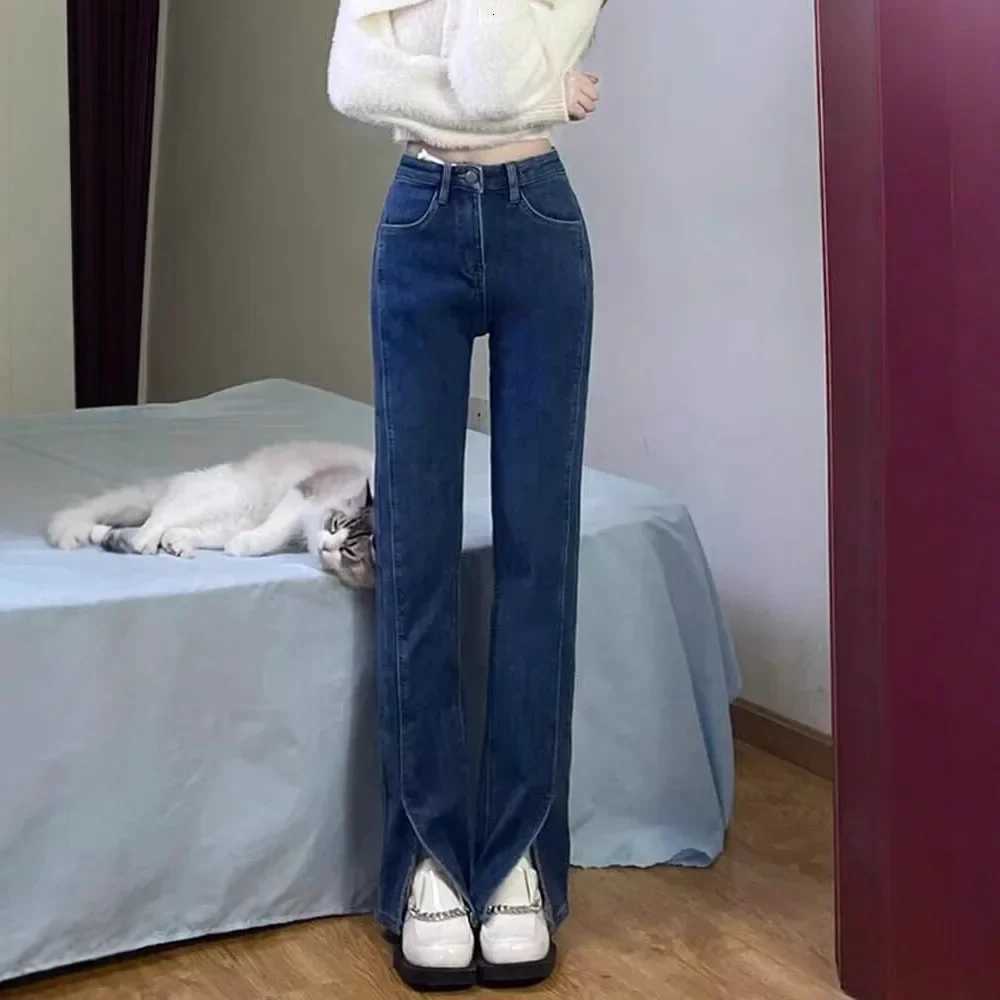 High Waist Straight Leg Jeans Slit Design Versatile Loose Slimming Floor Length Pants for Short Women Smoking Pipe PantsT251013