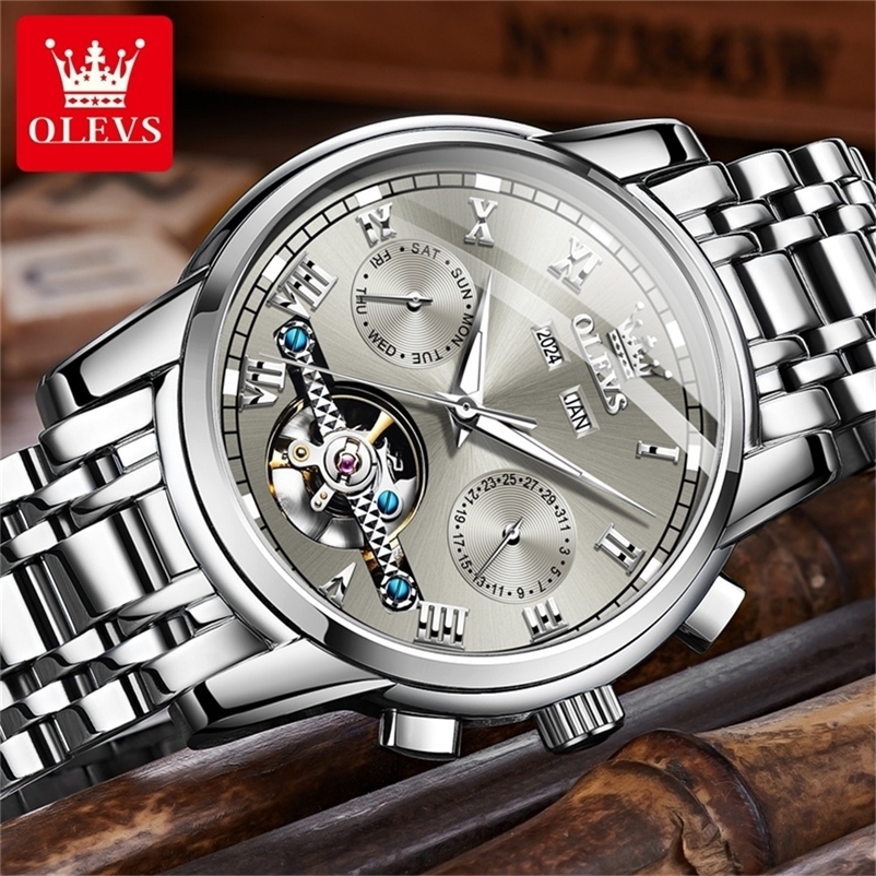OLEVS Mens Watches Automatic Mechanical Business Wristwatch Waterproof Stainless Steel Man Skeleton Calendar 251011