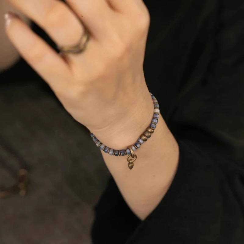 Natural Picture Stone Mixed Metal Brass Blue Spot Beaded Strand Bracelet Simple One Row Vajar Charm Black Dainty Couple Jewelry 251010