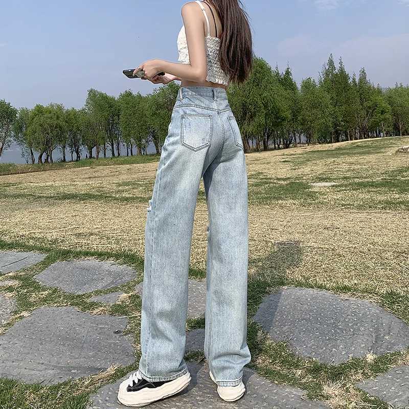 Loose Straight Leg High Waist Casual Distressed Denim Pants Women 2025 New Oversized Wide Leg Drag Floor Length TrousersT251013