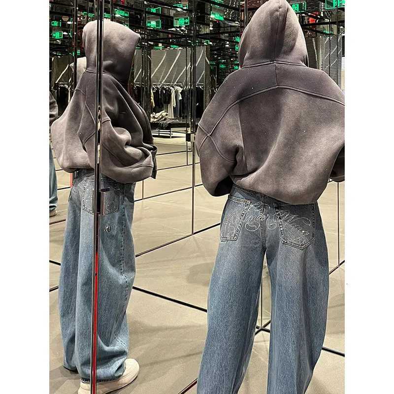 Gradient Spring 2025 Blue Jeans Women Y2K Vintage High Waisted Jeans Straight Streetwear Loose Large Wide Leg Denim PantsT251013