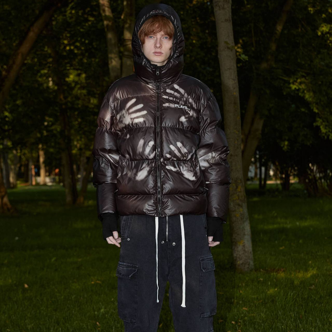 PLAYSCLO Men's Down Jacket handprint pattern Hooded Balaclava Cotton Jacket Street Style Windproof & Waterproof Russian Niche Design Warm Unisex 