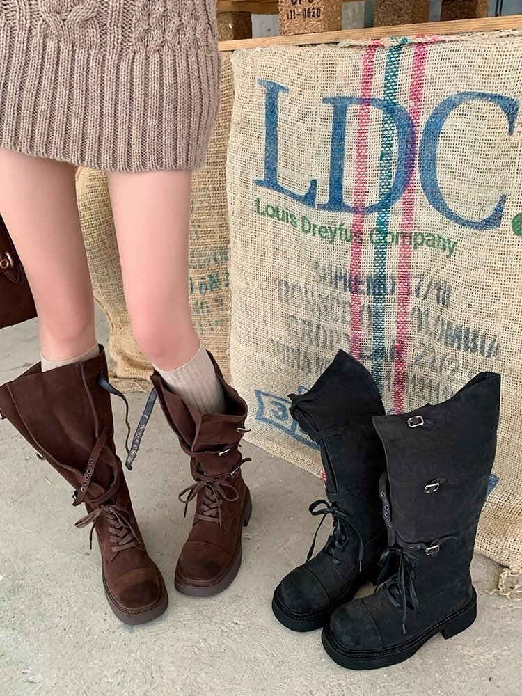 Cow leather suede women's long boots trend autumn and winter new loose waistband buckle French retro luxury women's boots designer boots