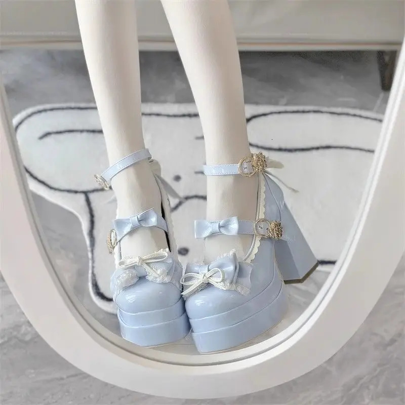 Lovely Girls Lolita Bowknots Platform Block Heels Shoes Platform Female Students Sweet Highheeled Delicate Elevator Mary Janes 251010