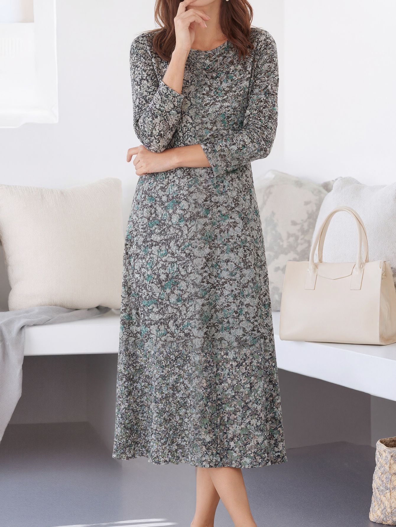 Women's Autumn New Fashion Mom - Style Casual All - Over Printed Midi Dress-CF53859