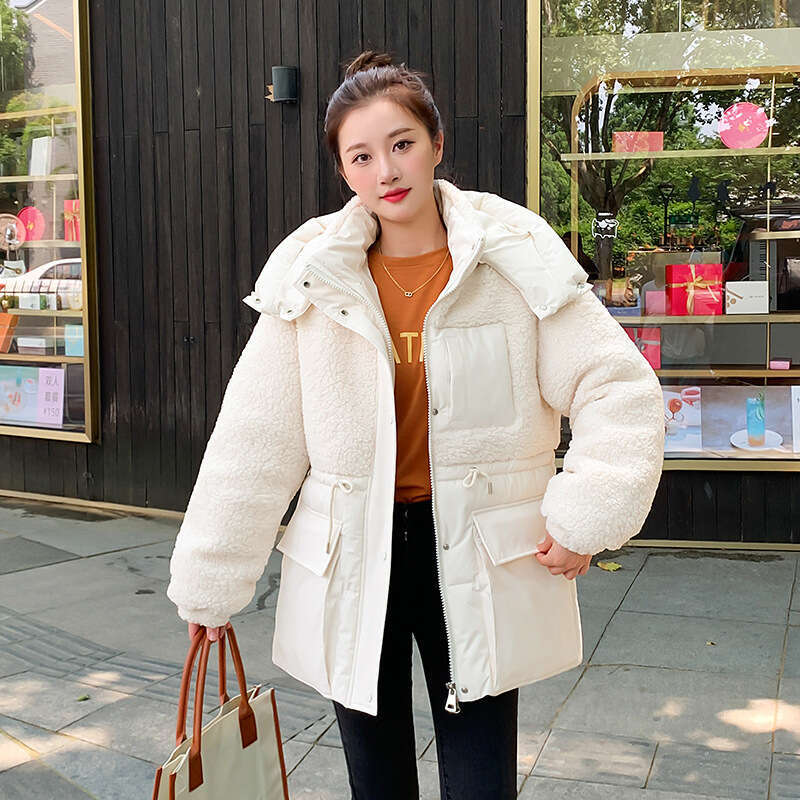 New Korean Fashion Autumn Winter Jacket Patchwork Lamb Wool Thick Loose Cotton Coat For Women B5