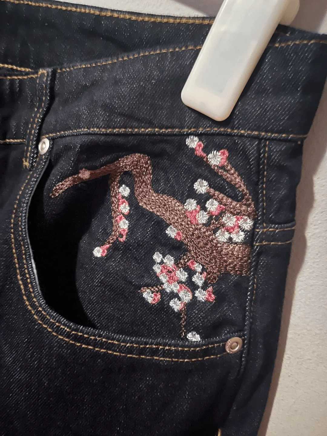 Unisex Black Slim Straight Leg Jeans Cherry Blossom Print Embroidered Back Pockets Basic Versatile Casual Pants Comfort Stretch C251013