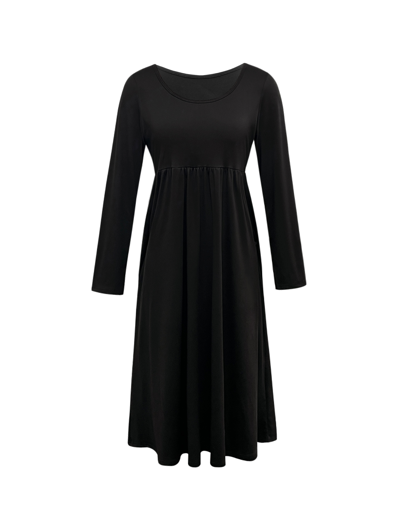 Women's Autumn Winter New Solid Color Round - Neck Long - Sleeve Midi Dress - Casual Daily & Outdoor Black Dress-CF51165