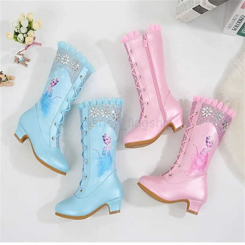 Disney Girls Leather Boots Winter Frozen Boots Side Zipper High Plush Princess Elsa Boots Warm Childrens Boots Size 2737XJ251013