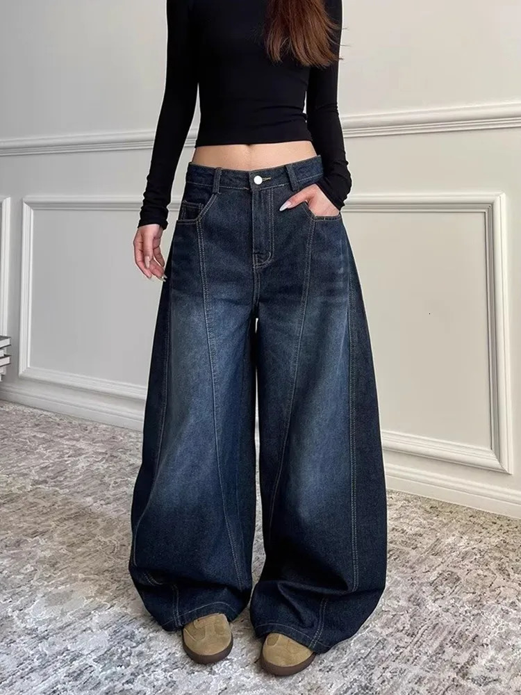 Ropa Y2K Fashion Letter Embroidery Vintage Dark Blue Baggy Jeans Pants Women Clothing Rock Wide Leg Lady Denim Trousers 251010