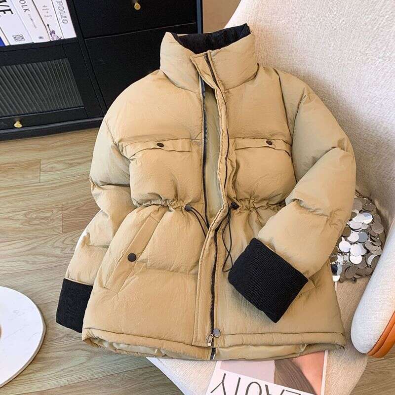 Winter New Korean Fashion Trend Niche Drawstring Waist Patchwork Color Block Thickened Warm Cotton Jacket B5