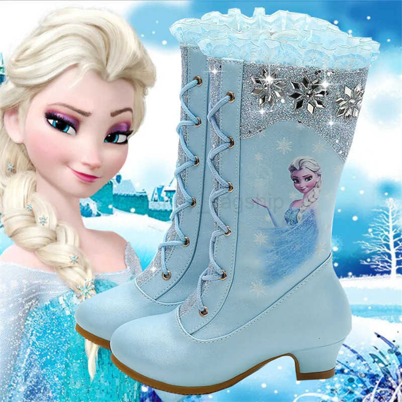 Disney Girls Leather Boots Winter Frozen Boots Side Zipper High Plush Princess Elsa Boots Warm Childrens Boots Size 2737XJ251013