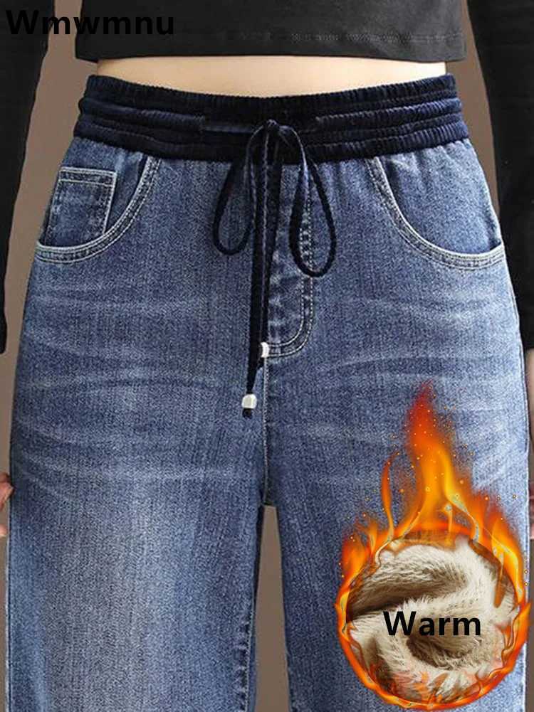 Winter Wide Leg Denim Pants Women Thicken Plush Velvet Lined High Waist Jeans Lace Up Warm Baggy Straight Vaqueros PantalonesT251013