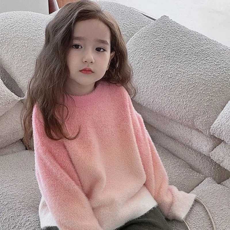 2025 Winter Plus Size Stylish Girls Kids Peach Pink Gradient Oversized Faux Mink Fur Soft Knit Trendy Sweater C251013